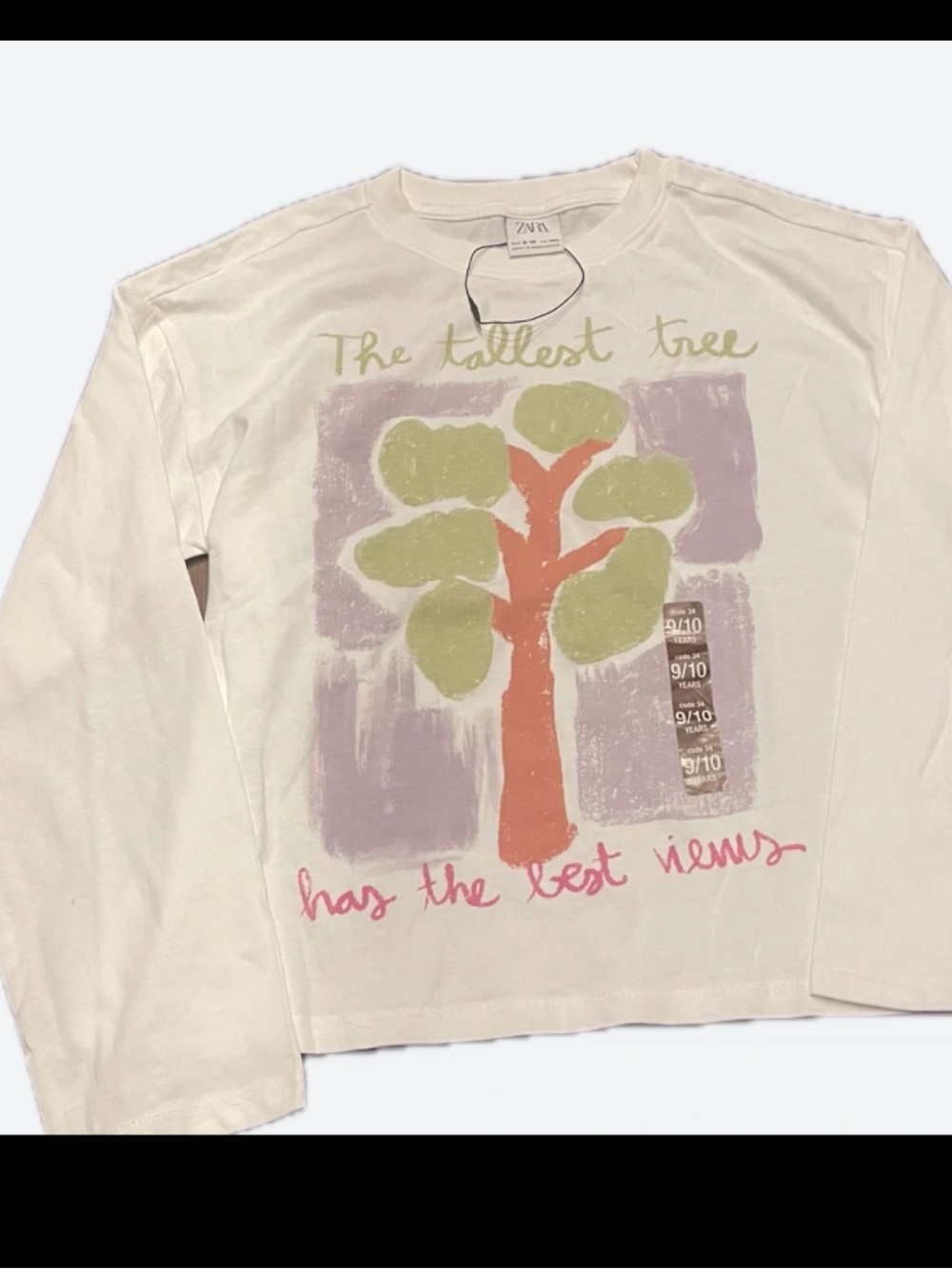 Zara White Long-Sleeve Tee with Colorful Tree Graphic